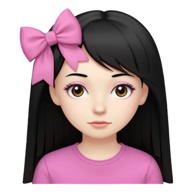 девушка с бледной кожей у неё длиные прямые черные волосы и челка прямая длинная ниже бровей глаза коричневого цвета худая у неё длиные ресницы одета в розовую футболку и на влосах слева бантих sticker