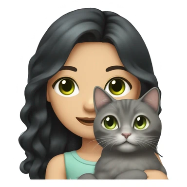 girl with long wavy black hair and dark hazel eyes holding fluffy grey cat with light green eyes sticker