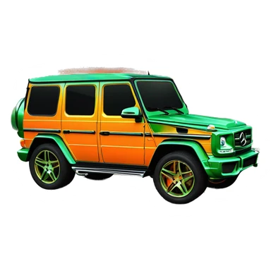 rapper,Young Dolph luxury clothes,blue diamond chain on,near his car, just opened drivers side car door to his all orange and green colored painted army camouflage, Mercedes G Wagon sticker