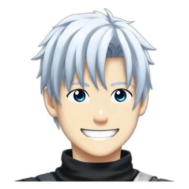 gojo satoru from jujutsu kaisen with white manga hair style, blue sky eyes and wear a black tight tshirt smiling sticker