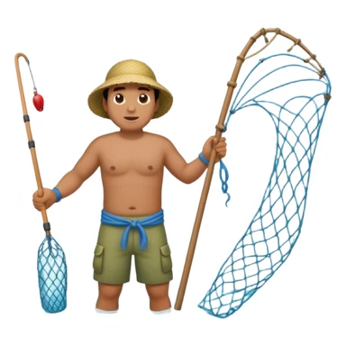 A Polynesian fisherman standing in the water fishing with a large net sticker