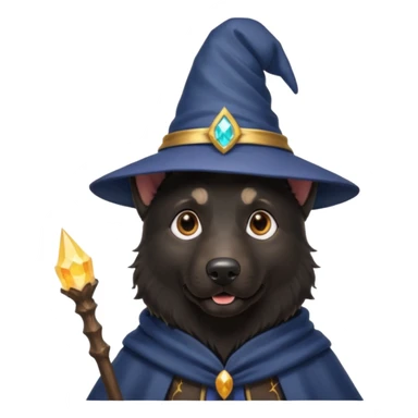 all black german shepherd face wearing a wizard hat and staff and magic emmiting from him sticker