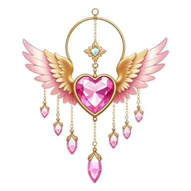 Reddish-pinkish and golden warm-colored romantic lush beautiful pretty hanging crystal-catcher aesthetic with hearts and sparkles and and white angel wings sticker