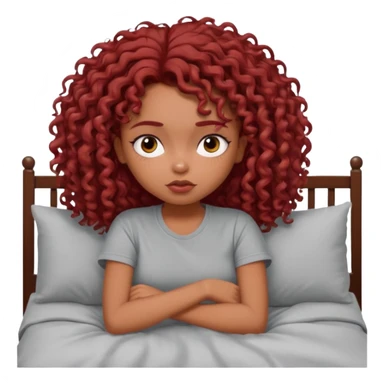 generate a pretty bratz brown skinned girl curly dark red hair, tired in bed in a grey tshirt bored. sticker