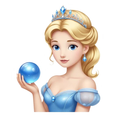 Cinematic Stunning Cinderella Portrait Emoji, Radiant in her sparkling blue ball gown, golden hair in a perfect updo, soft blue eyes full of wonder, glistening tiara, glowing with an ethereal beauty, regal yet kind, a dreamlike aura surrounds her, capturing the essence of a fairy tale princess, elegant and breathtaking! sticker