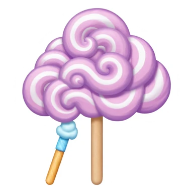 cotton candy on a paper stick, fluffy, pastel purple, swirling cloud-like texture sticker