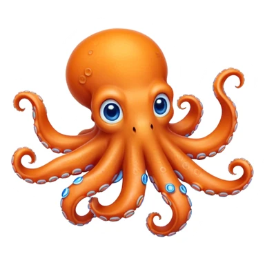 Cinematic Realistic Cute Octopus Portrait Emoji, Head tilted playfully and inquisitively, featuring a gracefully curving, compact body in vibrant orange adorned with delicate blue rings, and a charming, expressive face with round, sparkling eyes full of curious wonder; rendered with lifelike detail and soft natural highlights, high shine, affectionate and enchanting, styled with a touch of whimsical ocean magic, soft glowing outline, capturing the essence of a mischievous yet lovable octopus that seems poised to slither playfully into your arms! sticker