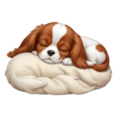 Cinematic cute Sleeping Cavalier King Charles Spaniel Portrait Emoji, cute and serene, with a round, endearing build and a plush, silky coat of rich chestnut and white, eyes gently closed in peaceful slumber, Simplified yet irresistibly endearing features, highly detailed, glowing with a gentle, dreamy glow, high shine, relaxed and content, stylized with a touch of whimsy, bright and heartwarming, soft glowing outline, capturing the essence of a blissfully sleepy companion, so comically serene it feels like it could roll out of the screen and snore with adorable charm! sticker