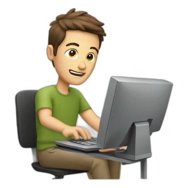 man with computer poiting at cemera sticker