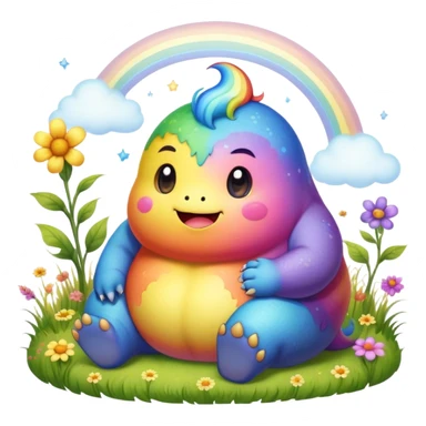 Kawaii derpy fat rainbow monster sitting in a magic field, rich textures, visually detailed, so lifelike that it feels like it could leap off the page at any moment sticker