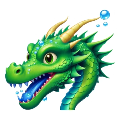a green dragon with bue teeth breathing bubbles sticker