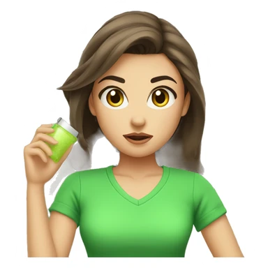 angry face with brunette hair and make it attractive and a girl and with green clothes on and holding skincare products sticker