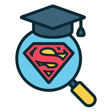 Superman emblem inside a magnifying glass with a college graduation hat on top, minimal color outline icon style sticker