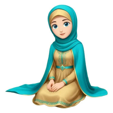 Turkish beautiful finish Konya girl blue eyes with gold hijab and islamic long tailed turquoise dress on the ground at garden and had on her hand text Eid Mubarak  sticker