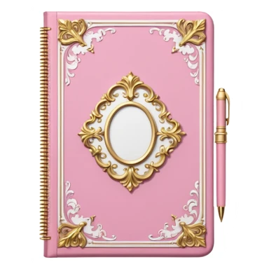 Notebook rococo style, gold and pink and white. angled view. with pen sticker