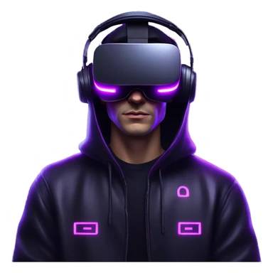 Russian man wearing a black hoodie with "OMG" letters on it and VR headset in a cyberpunk VR environment with violet neon lighting. sticker