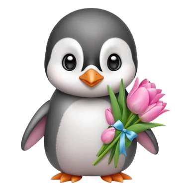 Cute baby penguin holding flower bouquet wraped in white paper and all flowers tulips in pink colour sticker