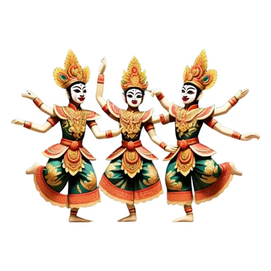 ​Cinematic Realistic Wayang Golek Ayun-ayun Dancers, depicted as intricately carved traditional wooden puppets in dynamic dance poses, adorned with vibrant painted details and expressive features, set against a softly lit stage that evokes centuries of Indonesian cultural heritage, rendered with lifelike textures and dramatic atmospheric lighting, sticker