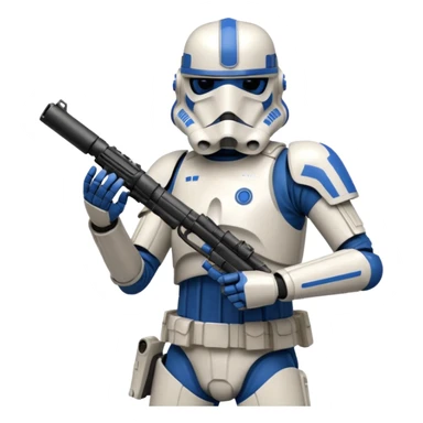 A starwars 501st clonetrooper with rally makes on the helmet holding his blaster in his left hand aiming the gun up with elbow bent so it’s not above the head sticker