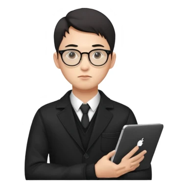 a asia white man guy his 26olds wearing an apple notebook, wearing bodyguard radio operator, round glasses, black clothes sticker