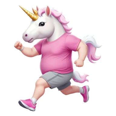 friendly anthropomorphised male white unicorn with an extra chunky, very strong and stocky build, arms and legs matching the white of the head, in grey shorts and pink t-shirt, wearing dark sunglasses, jogging upright in a relaxed pose sticker
