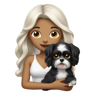 TAN SKIN GIRL with long black wavy hair and bangs holding her black and white shitzu  sticker