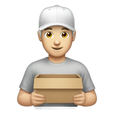 Pale skinned Man in a white cap and gray T-shirt with a box into his hands sticker