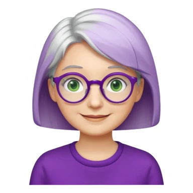 visage femme a lunettes ronde avec cheveux courts gris-blancs aux yeux verts qui souris habillé en violet sticker