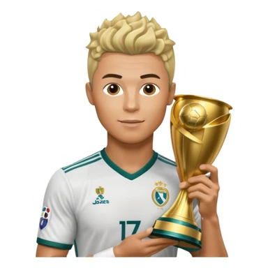 Cristiano Ronaldo holfing the champions league with noodle hair a bit longer noodle hair with a bit of blonde highlights and tge hair xoming down a bit just a bit of blonde not completely sticker