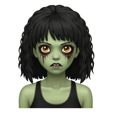 a female zombie with sage green skin, black long afro hair with bangs, and a black tank top  sticker