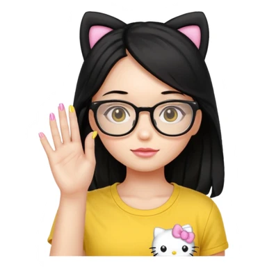 Nails cute with hello kitty wear glasses black long  hair wear, yellow shirt sticker