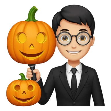 A pumpkin smiling at a magnifying glass (the magnifying glass has a suit thats black, the magnifying glass also has one eye in the middle turn the magnifying glass into a living person give the magnifying glass Normal looking eyes and give it actual arms and legs  sticker