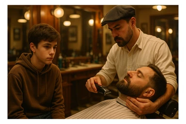 sartaroshxonada ishlayotgan o'smirin bola usta soch olayotganini kuzatib turibdi sticker