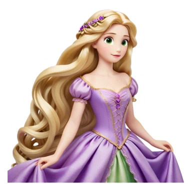 Cinematic Realistic Rapunzel Portrait, with porcelain-like skin featuring a subtle, natural glow, illuminated by soft lighting that brings out the gentle contours of her face. Her long, golden blonde hair cascades in detailed waves, each strand highlighted with a radiant shimmer as it catches the light. Her bright, expressive green eyes exude curiosity and warmth, framed by delicate lashes and soft, arched brows. Her expression is playful and vibrant, with a gentle smile. She is dressed in her classic lavender and pink gown, the fabric textured with delicate folds that flow naturally, catching the light with a soft, radiant glow. The portrait captures a luminous, enchanting aura, seamlessly blending realism with a whimsical, fairytale charm, evoking a timeless sense of beauty and magic. sticker