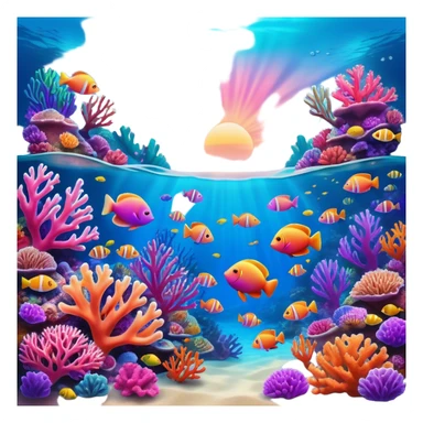 Cinematic Realistic Coral Reef Emoji in a wooden frame, Vibrant and alive, with colorful corals in hues of pink, purple, and orange, swaying gently with the underwater currents. Schools of tropical fish dart between the coral, with soft rays of sunlight piercing through the clear blue water above, creating a magical, serene underwater world. Soft glowing outline, capturing the essence of the bustling, colorful, and peaceful aquatic paradise. sticker