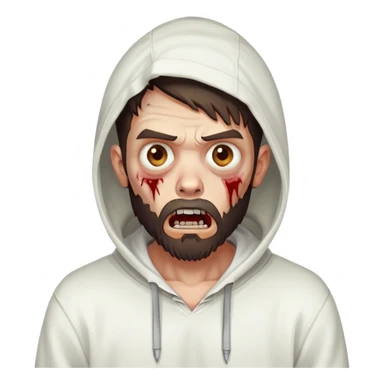 zombie with shocked expression, undercut hairstyle with dark brown hair, short full beard, wearing plain white hoodie sticker
