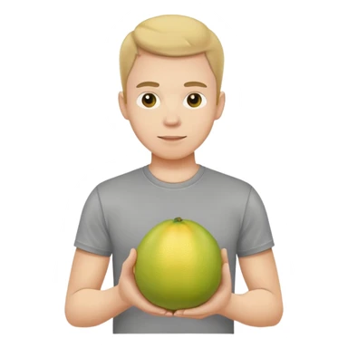 a white man in a gray T-shirt holding a pomelo sticker