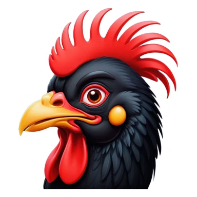 Cinematic Comical Black Rooster Portrait Emoji, Head tilted dramatically with an exaggeratedly shocked or amused expression, featuring a striking pure black plumage with a bold red comb, wide, expressive eyes filled with playful disbelief, Simplified yet hilariously expressive features, highly detailed, glowing with a slightly sassy glow, high shine, dramatic yet playful, stylized with an air of cheeky mischief, bright and endearing, soft glowing outline, capturing the essence of a spirited and over-the-top rooster, so meme-worthy it feels like it could crow its way into internet fame instantly! sticker