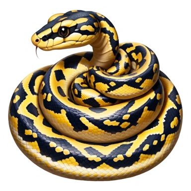 A photo-realistic top-down view of a Ball Python gently coiled into a tight spiral, with its head resting peacefully at the center. Its scales are warm brown with bold, irregular black markings, including the distinctive “alien-head” pattern, flowing smoothly along its body.  sticker