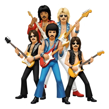 Icon for Rock Music: collage of iconic rock musicians—Klaus Meine, Jimi Hendrix, Kurt Cobain, Freddie Mercury, and Ozzy Osbourne—playing electric guitars and singing on stage. Capturing the powerful energy and rebellious spirit of rock. Transparent background. sticker
