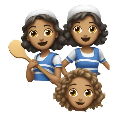 three girls each on a paddle and one of them hits one sticker