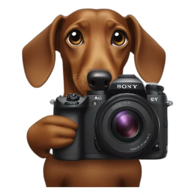 a black dachshund dog holds a SONY camera in its paws medium plan sticker