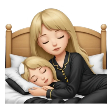 Young woman with long dark blond hair all around her, and a bang, sleeping in bed  with black pyjama  sticker