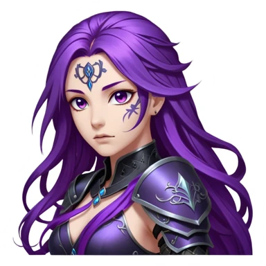A mysterious warrior girl with long, flowing purple hair cascading down her back, strands catching the dim light like silk. Her piercing violet eyes glow. She wears sleek black armor, a perfect fusion of elegance and lethality, adorned with intricate silver engravings resembling ancient runes.  sticker