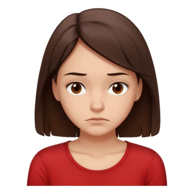 "Cartoon emoji of a young brunette woman with fair-medium skin, brown eyes, wearing a simple red top. Portrait mode, slouched, looking down, overthinking and insecure. Small frown, worried eyes. Smooth, friendly, stylized, Mary Jane–like appearance." sticker