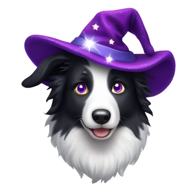 Border Collie with rainbow-coloured eyes wearing a purple velvet wizard hat covered with tiny, sparkling, silver stars. sticker