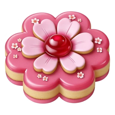 Realistic shortbread cookie in the shape of a cherry blossom with pale pink color jelly middle filling and sprinkled powder sugar on top. sticker