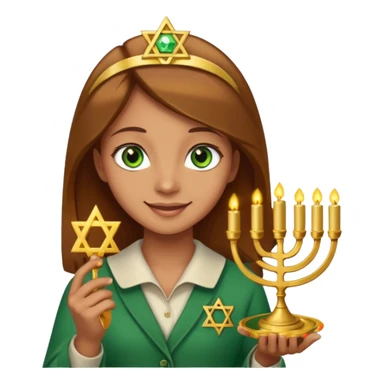 White but tan person with lightish brown hair girl has green eyes and holding the Star of David and a menorah looking at it smiliing sticker