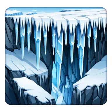 A stunning winter scene showing long, sharp icicles hanging from a frozen cliff or ledge, glistening in bright daylight. The surface is covered in snow and ice, with a cold blue and white color palette, highly detailed, realistic lighting, and frosty atmosphere. sticker