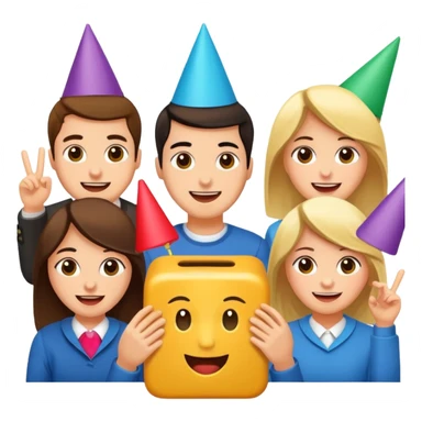 Party quiz with happy people no phone writing blocks empty eyes sticker